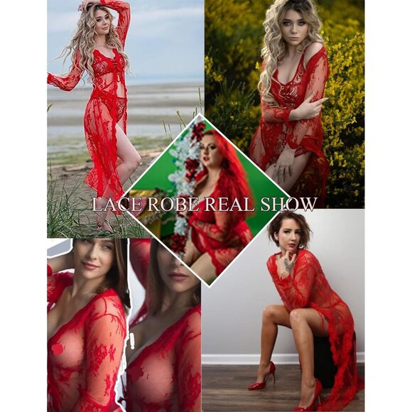 Lace Robe Women Sheer Long Sleeve Nightgown Bridal Babydoll Lingerie - Picture 2 of 6